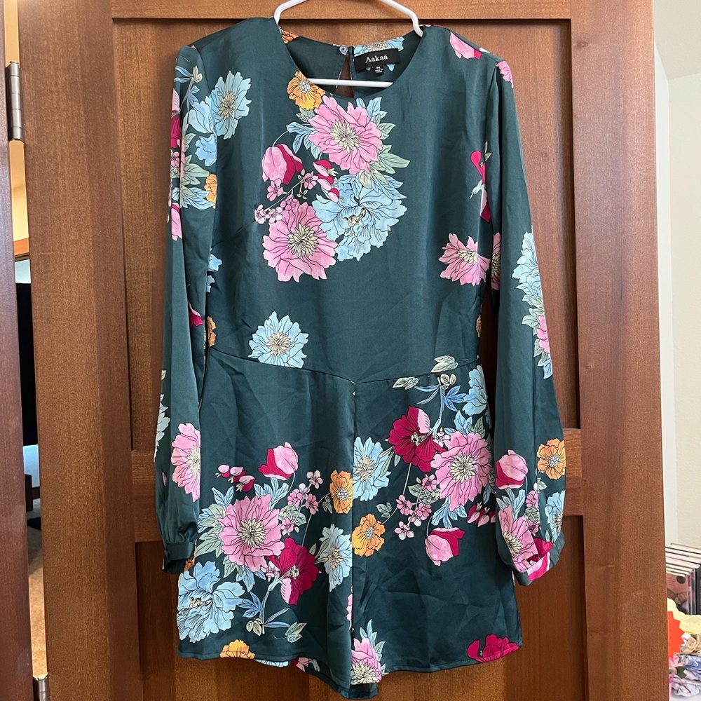 Medium Green Floral Romper with Long Sleeves